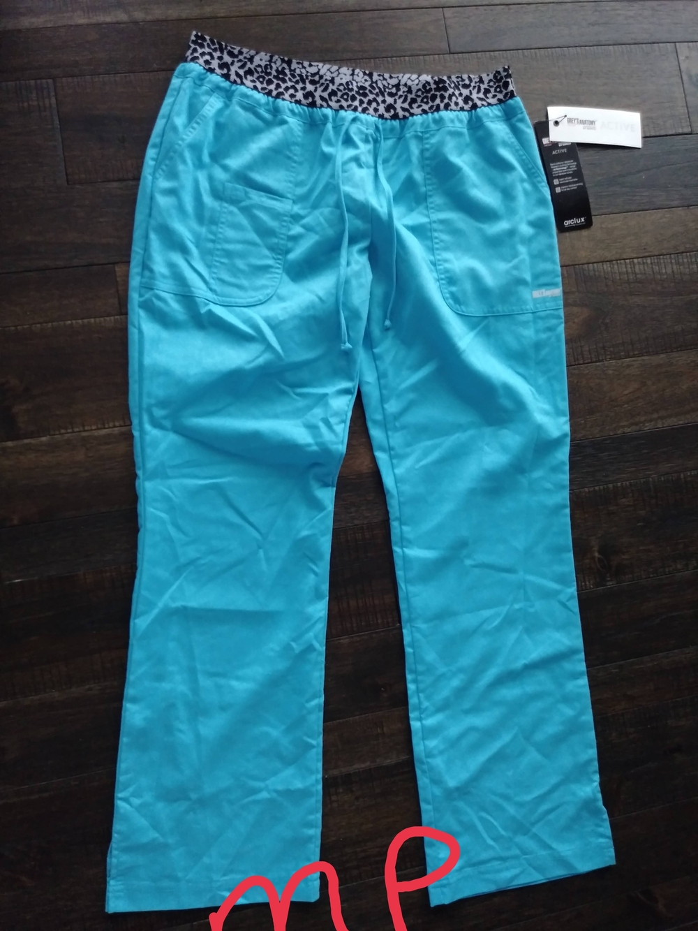 Grey's Anatomy Women's Turquoise Drawstring Scrub Pants with Leopard Waistband